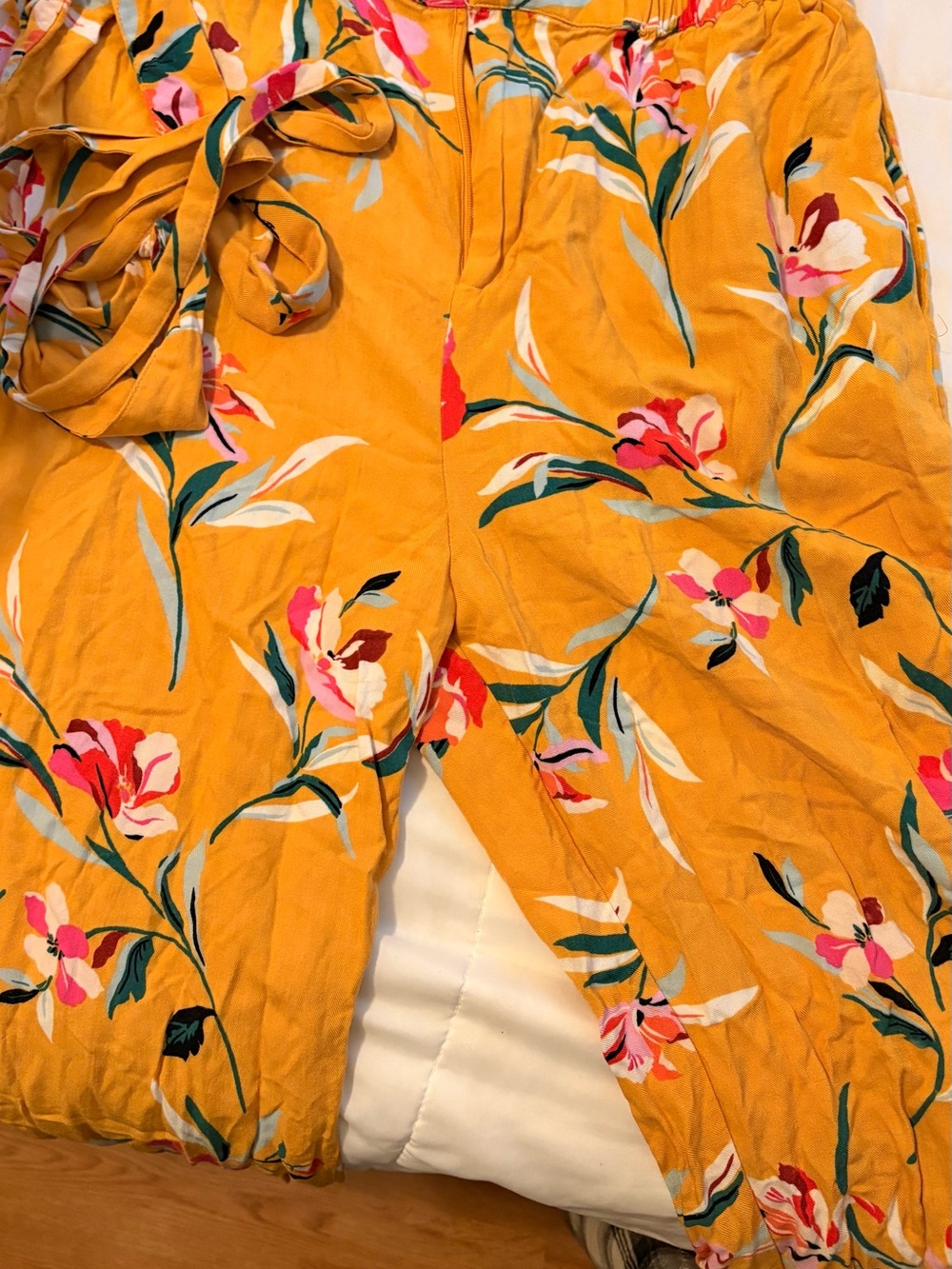 Floral Wide-Leg Pants in Mustard Yellow